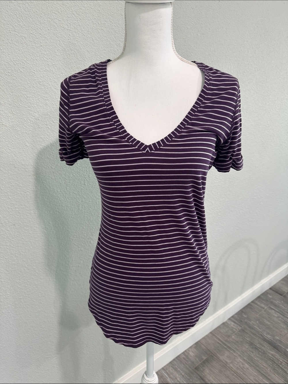 lululemon athletica Purple and White Striped V-Neck Tee